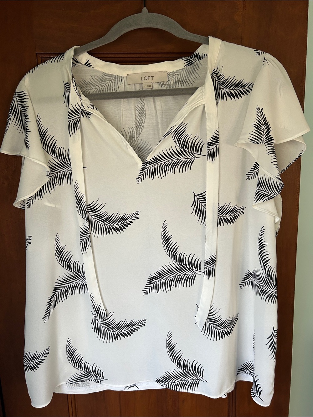LOFT White Tie-Neck Blouse with Black Palm Leaf Print